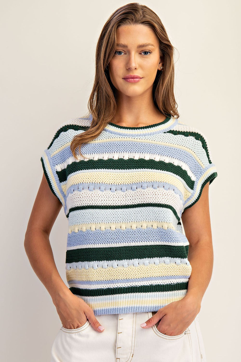 Striped Round Neck Cap Sleeve Sweater