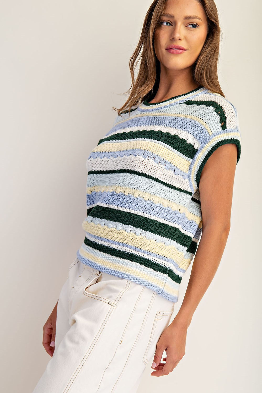 Striped Round Neck Cap Sleeve Sweater