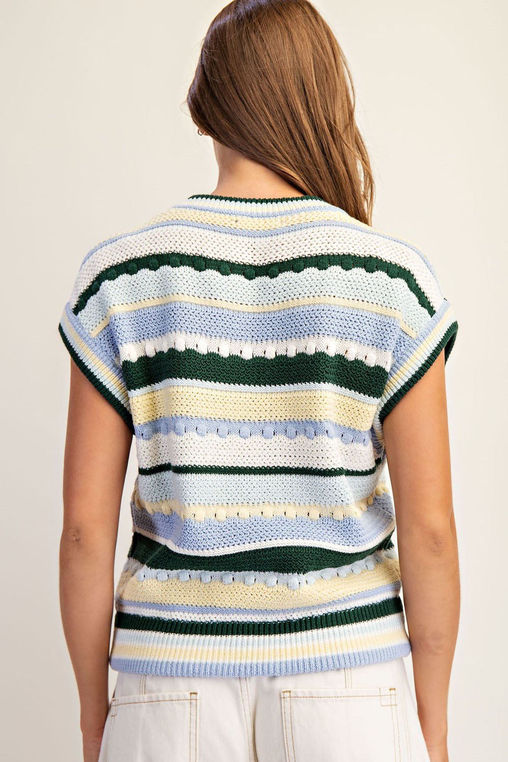 Striped Round Neck Cap Sleeve Sweater