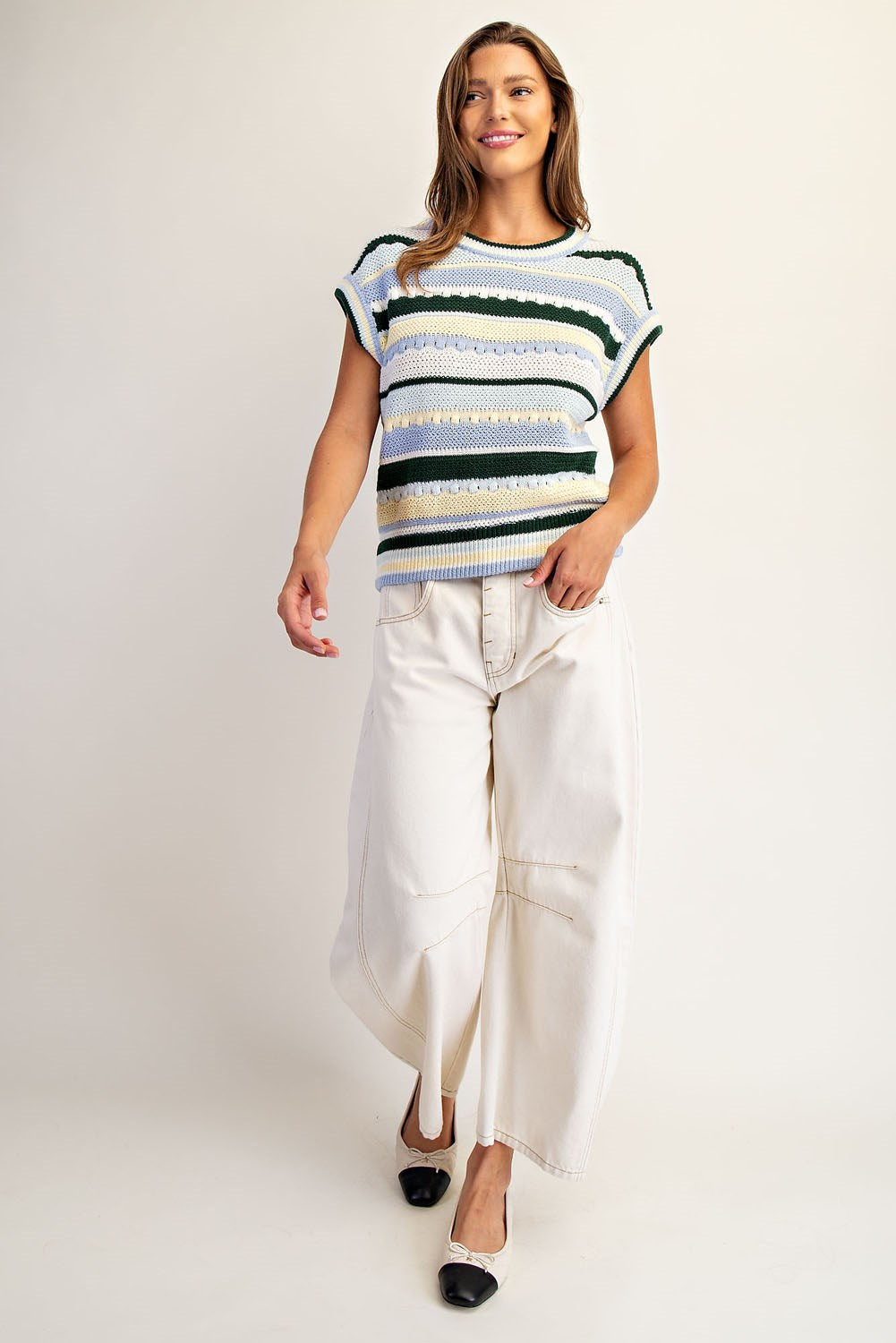 Striped Round Neck Cap Sleeve Sweater