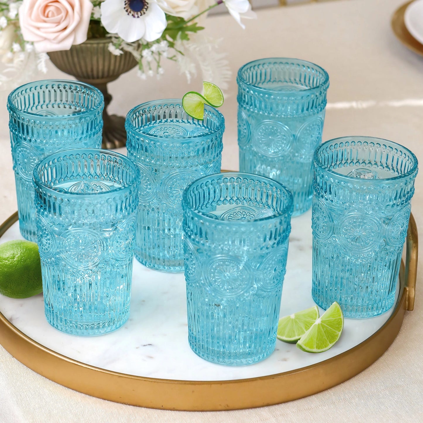 13 oz. Vintage Textured Aqua Blue Drinking Glasses