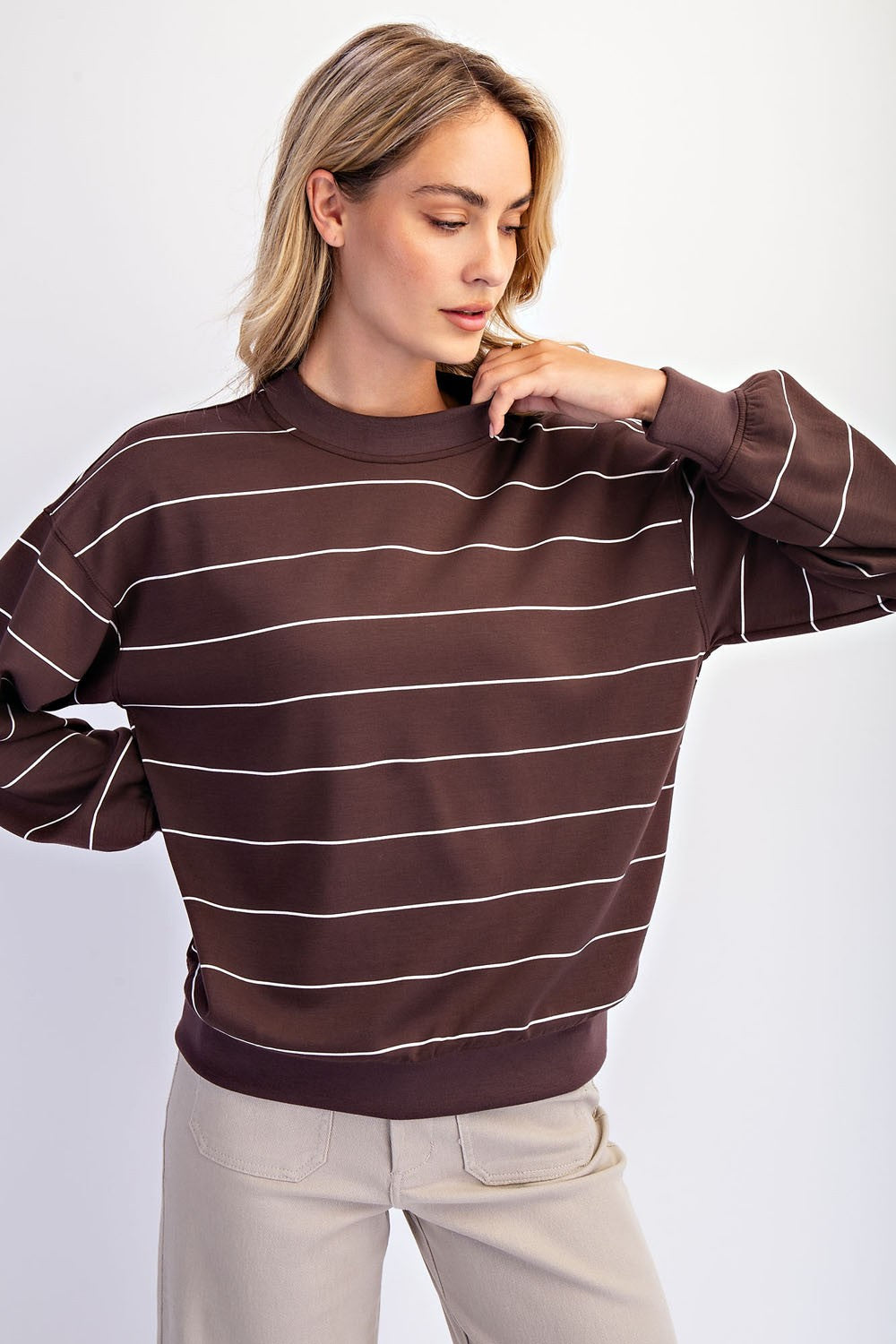 Modal Scuba Stripe Crew Neck Top - Espresso