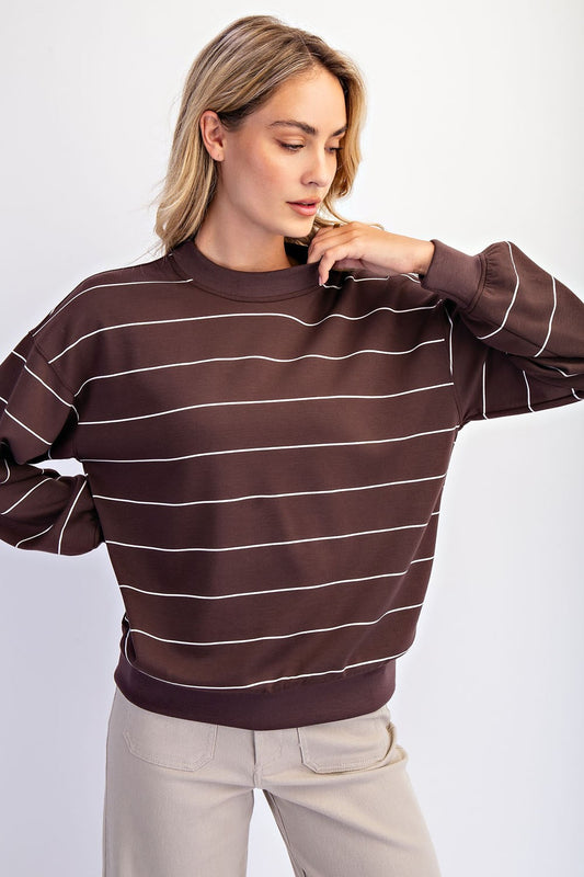 Modal Scuba Stripe Crew Neck Top - Espresso