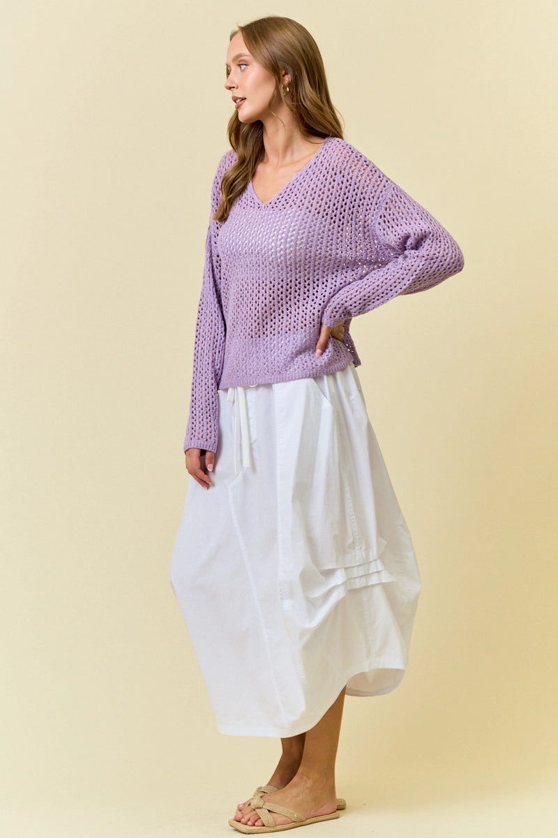 Split V-Neck Long Sleeve Knit Sweater - Purple