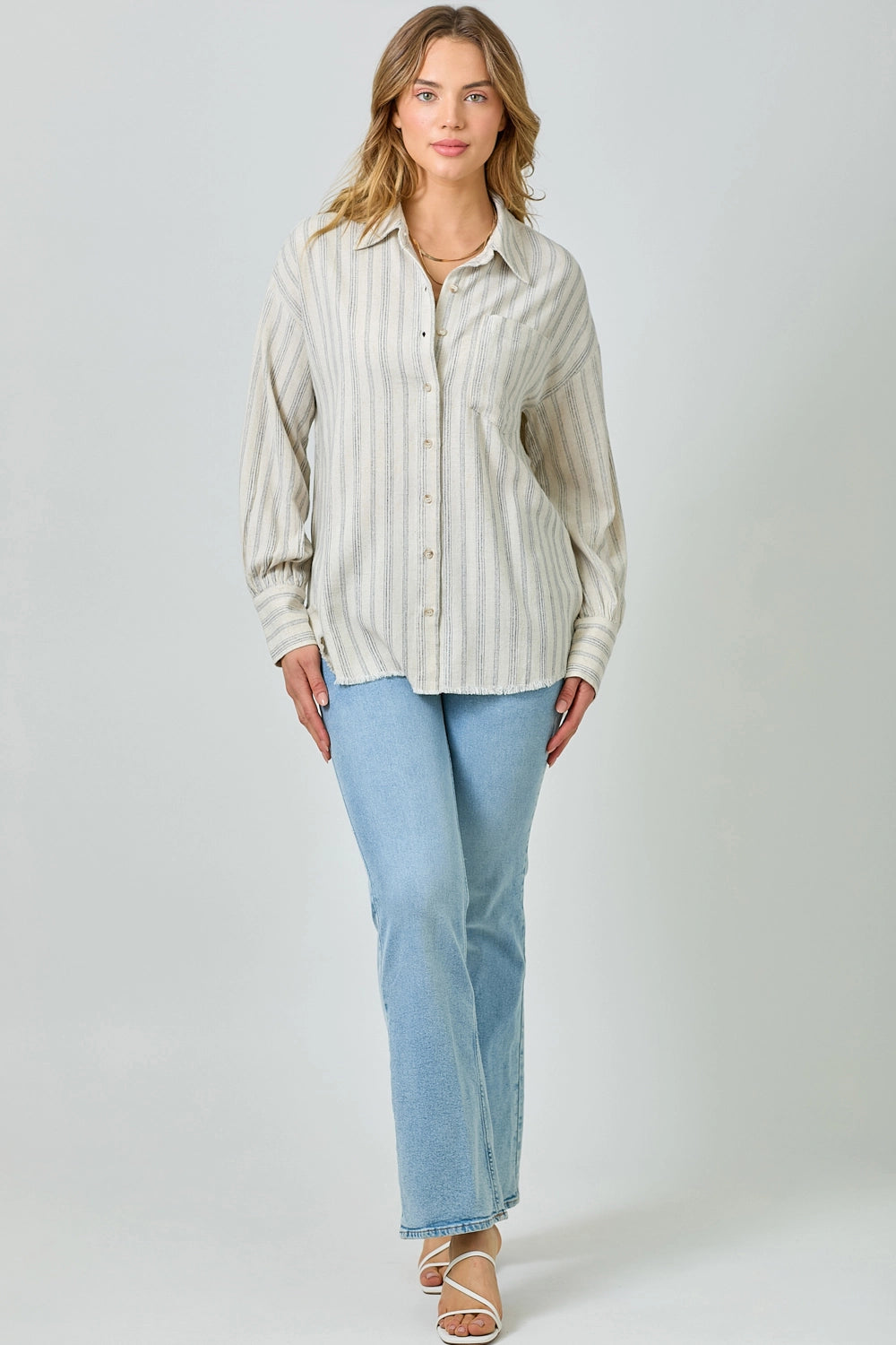 Frayed Fringe Edge Oversized Button Up Shirt