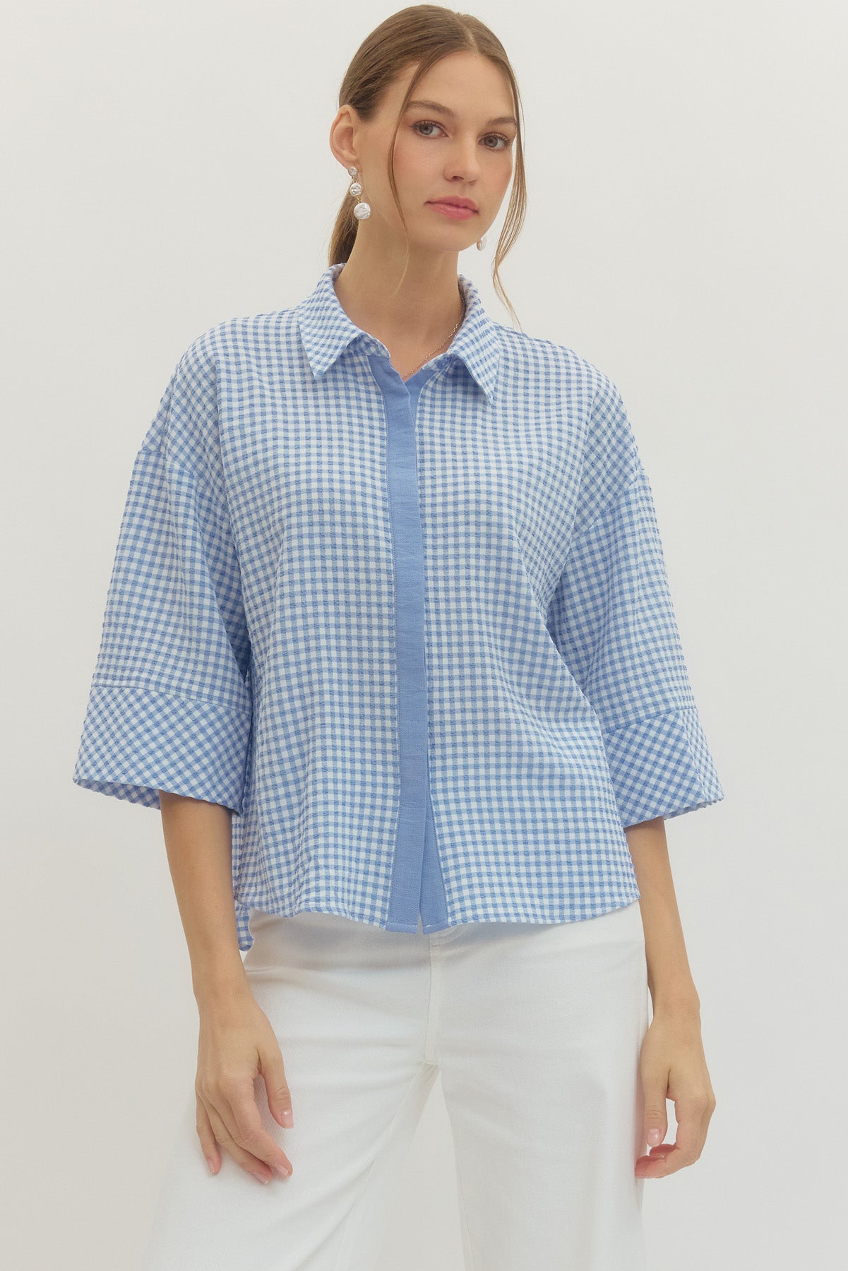 Gingham Button Up Sweater - Blue