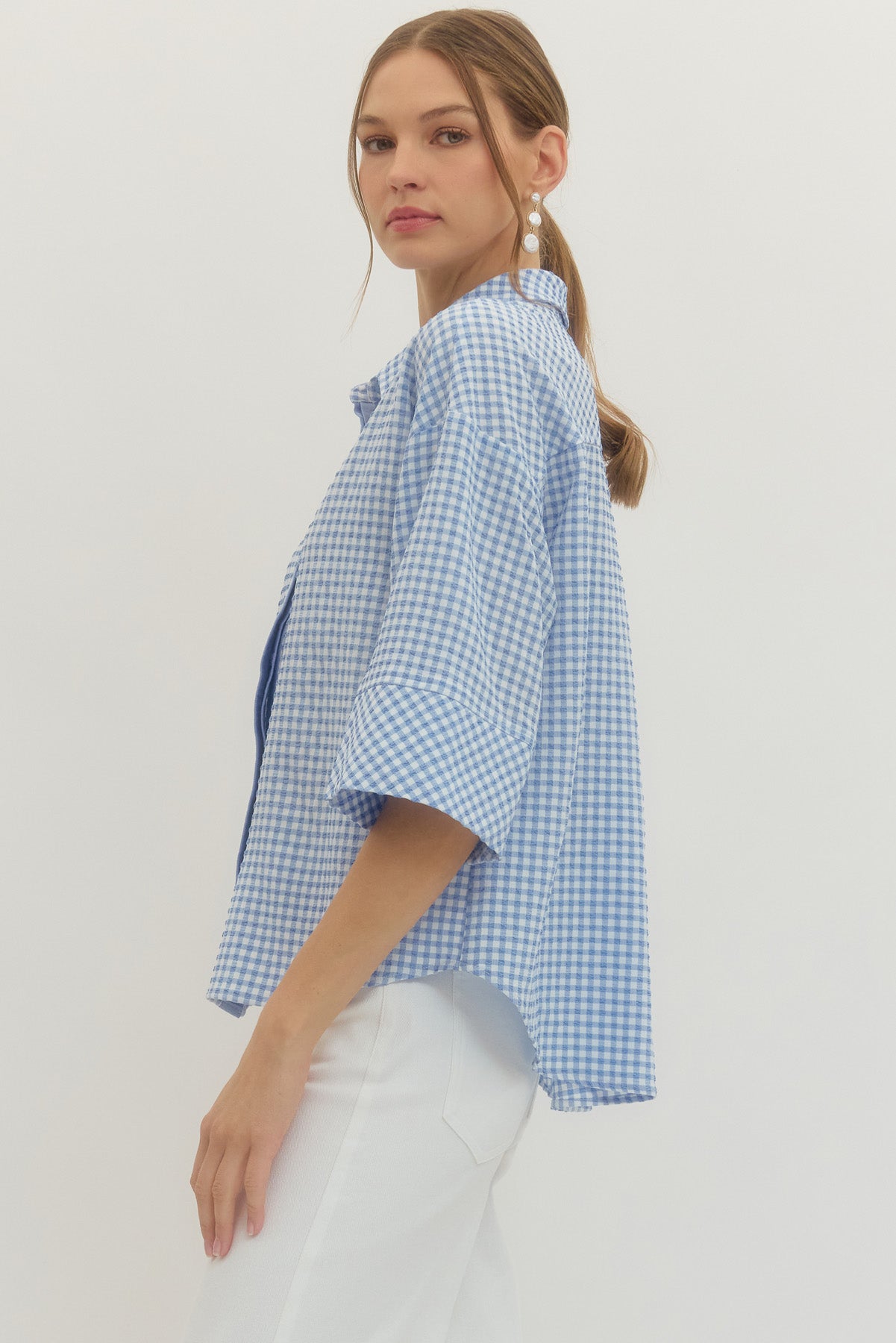 Gingham Button Up Sweater - Blue
