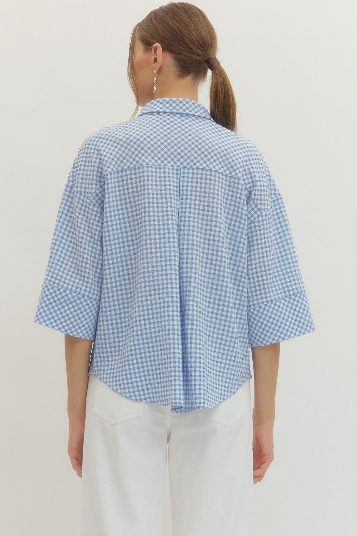 Gingham Button Up Sweater - Blue