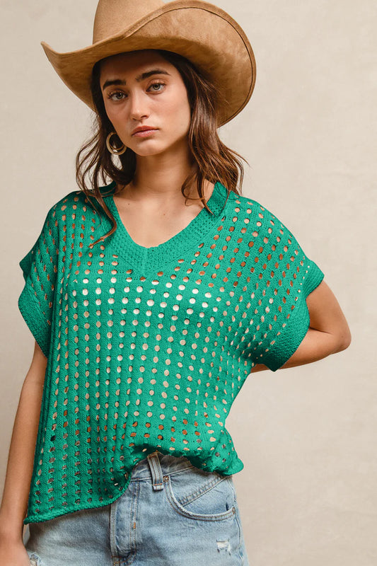 Low Gauge Round Neck Sweater Top - Emerald