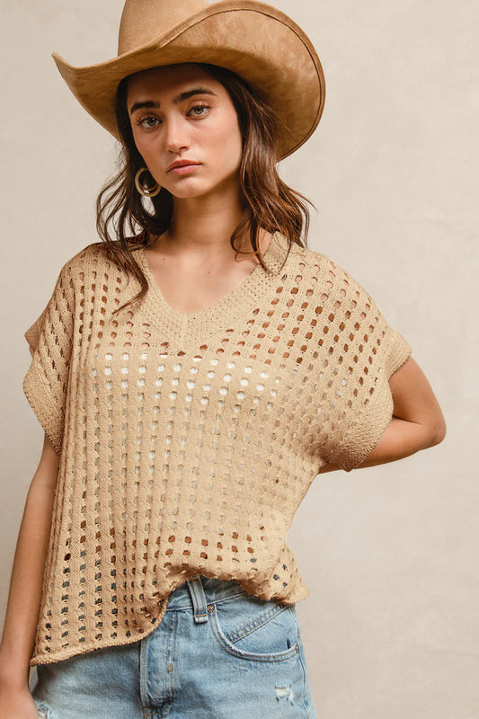Low Gauge Round Neck Sweater Top - Oatmeal