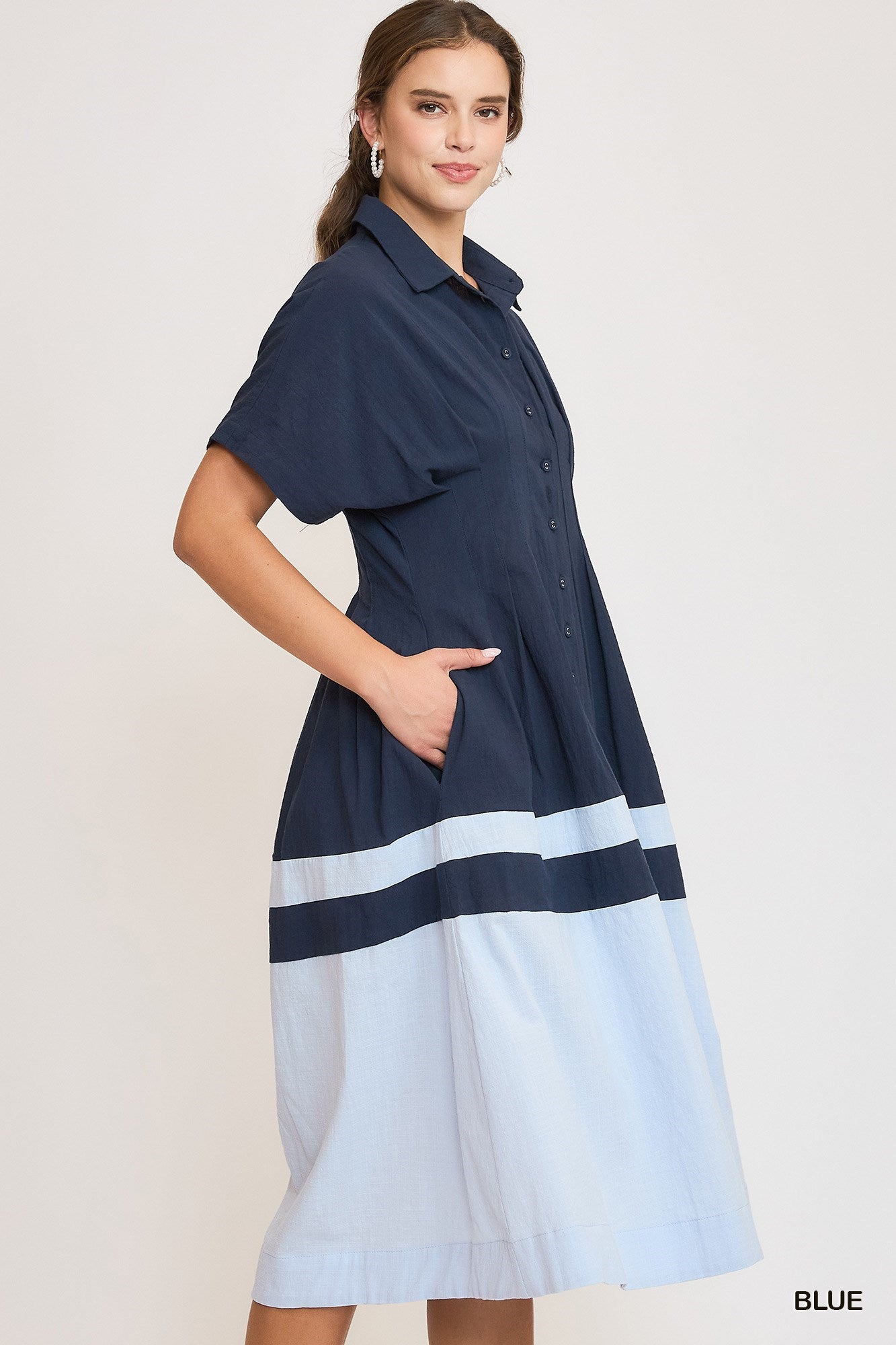 Colorblocked Midi Dress with Pleated Details