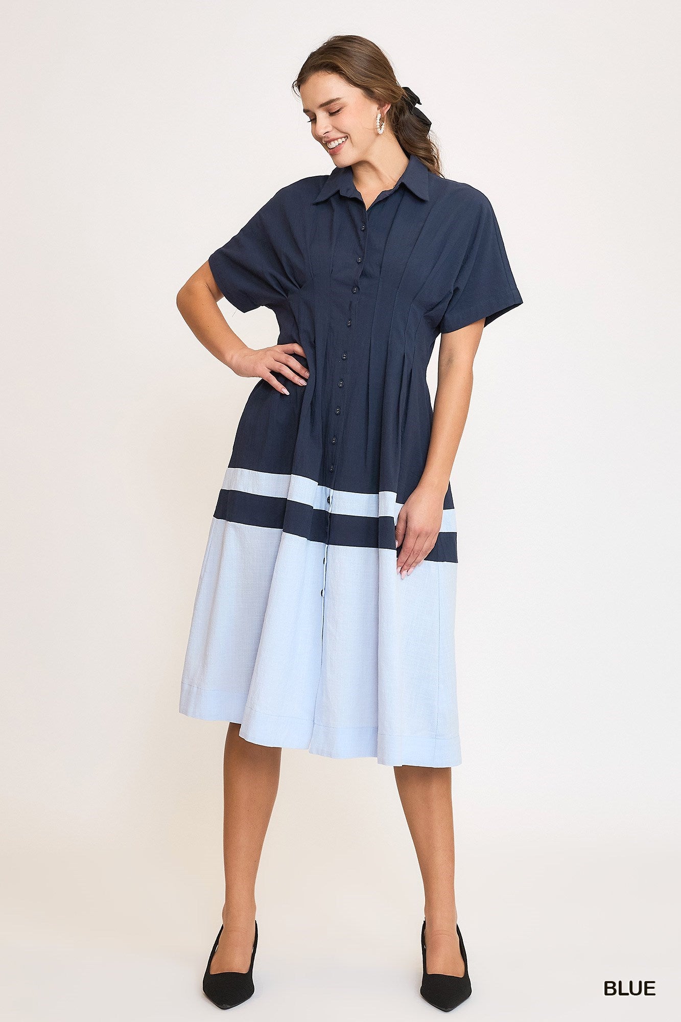Colorblocked Midi Dress with Pleated Details