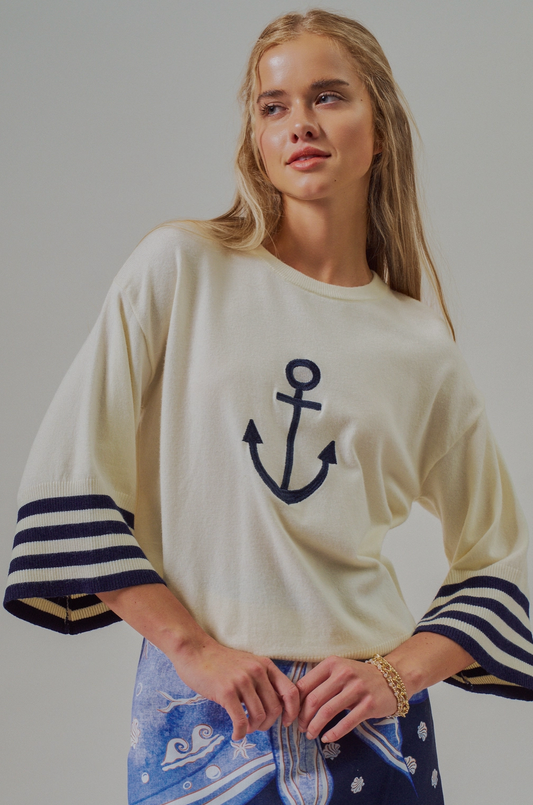 Nautical Anchor Knit Top Striped Sleeve