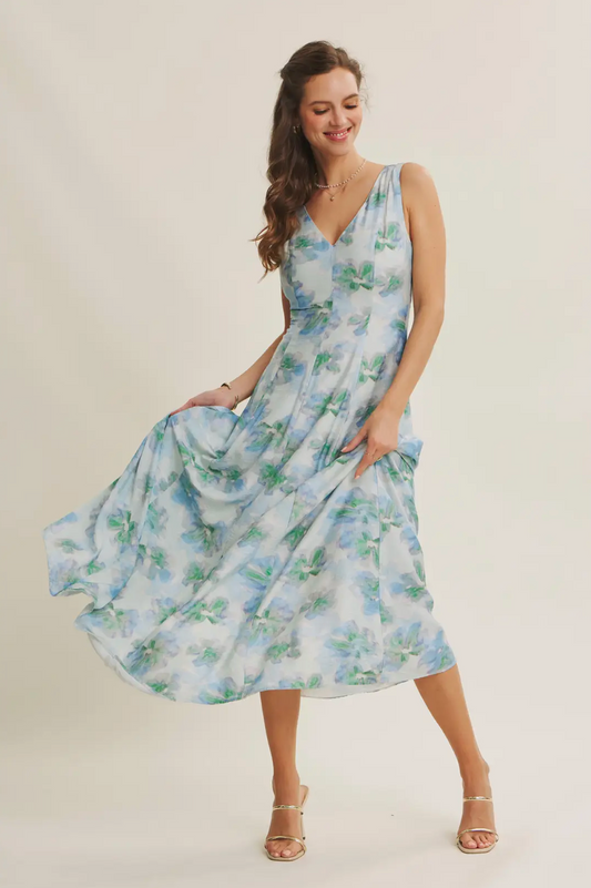 Vertical Panel Airy Watercolor Floral Maxi Dress