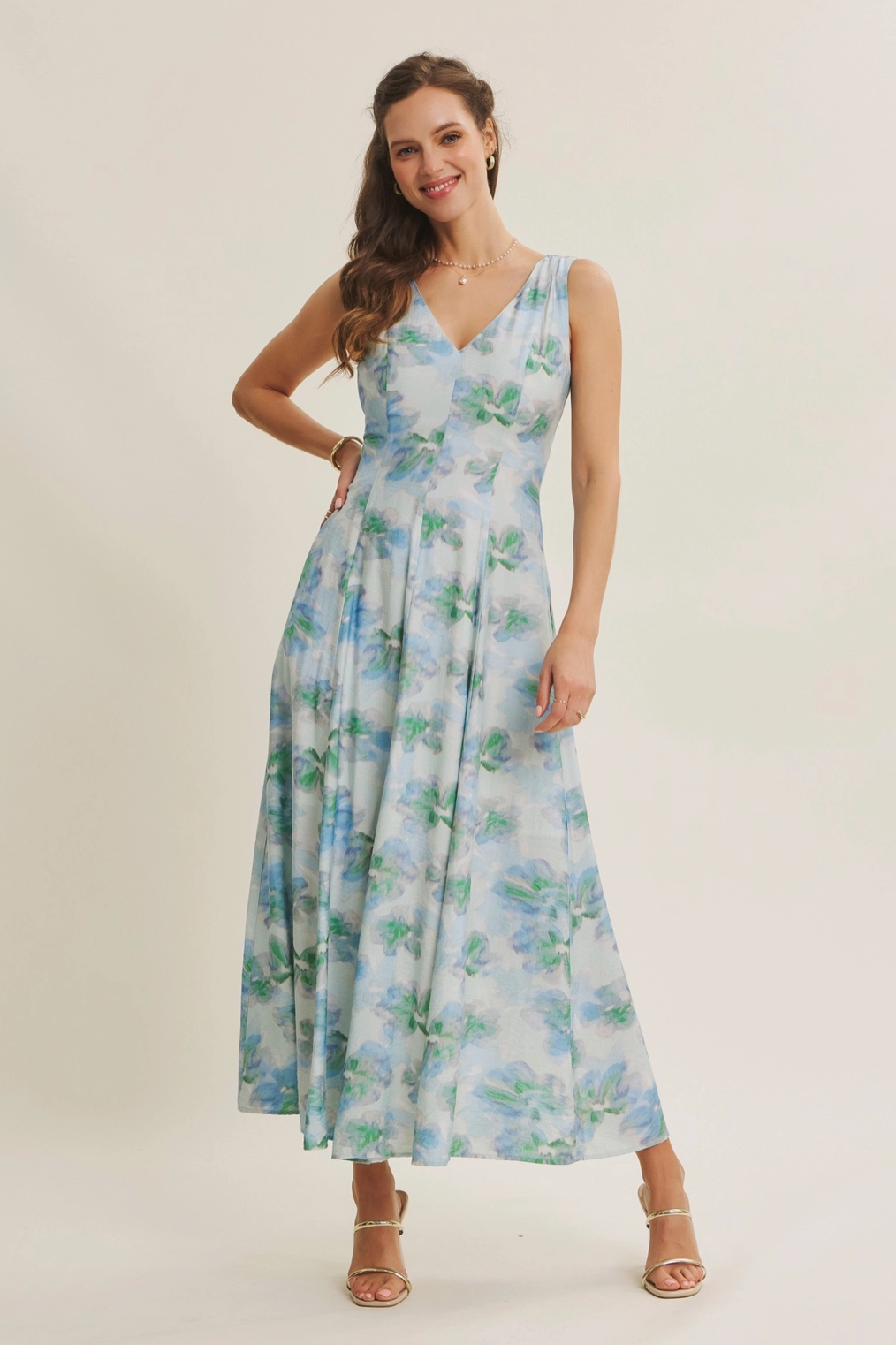 Vertical Panel Airy Watercolor Floral Maxi Dress