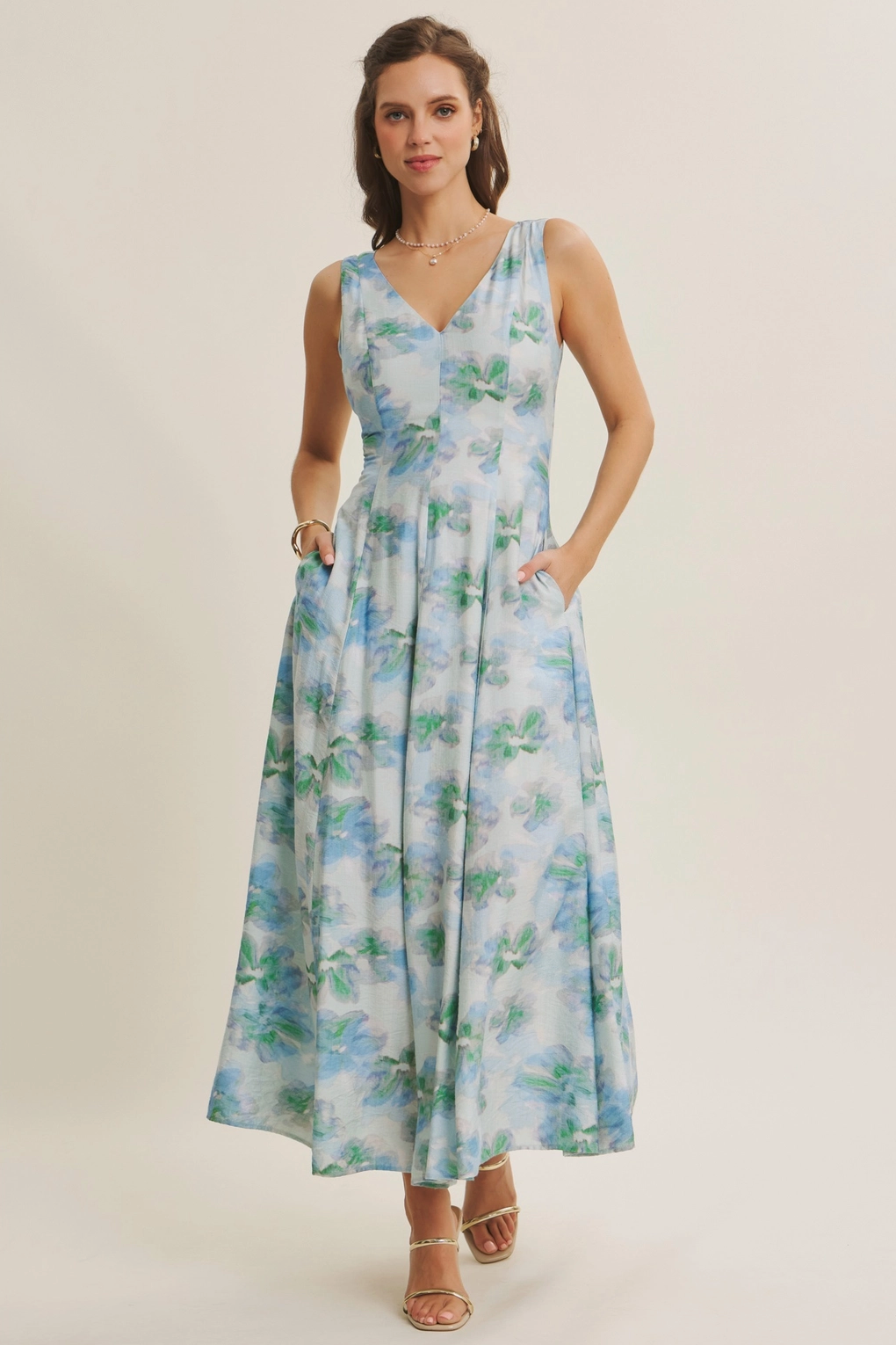 Vertical Panel Airy Watercolor Floral Maxi Dress