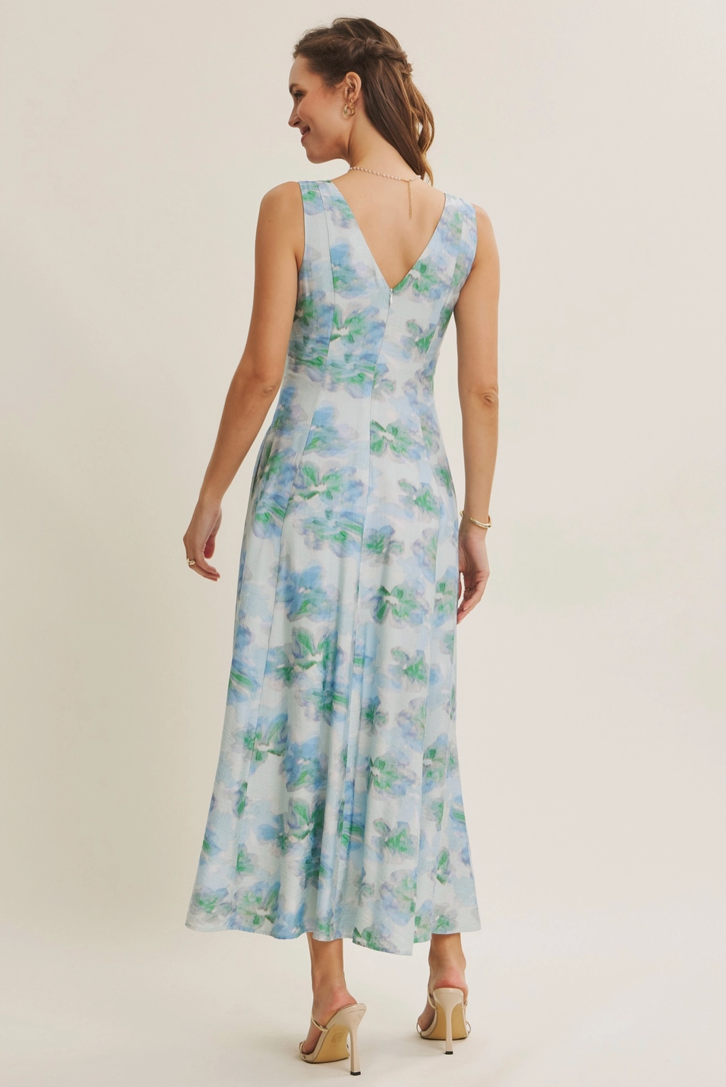 Vertical Panel Airy Watercolor Floral Maxi Dress