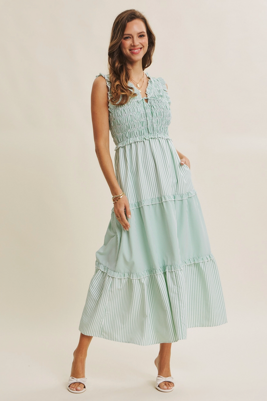 Mixed Stripe Smocked Midi Dress
