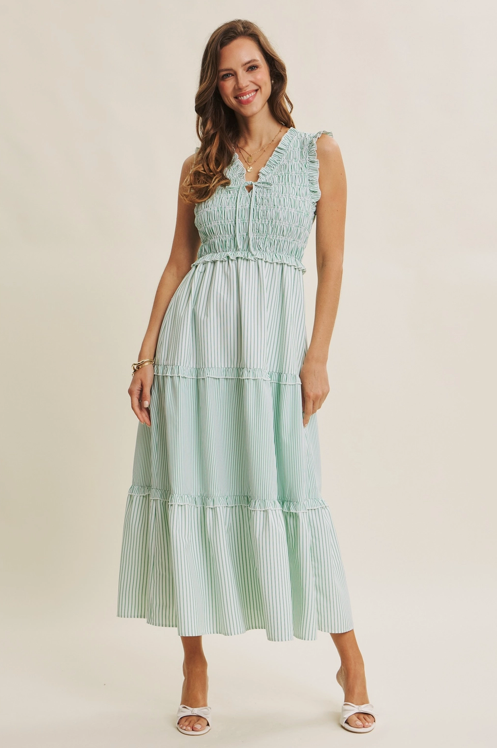 Mixed Stripe Smocked Midi Dress