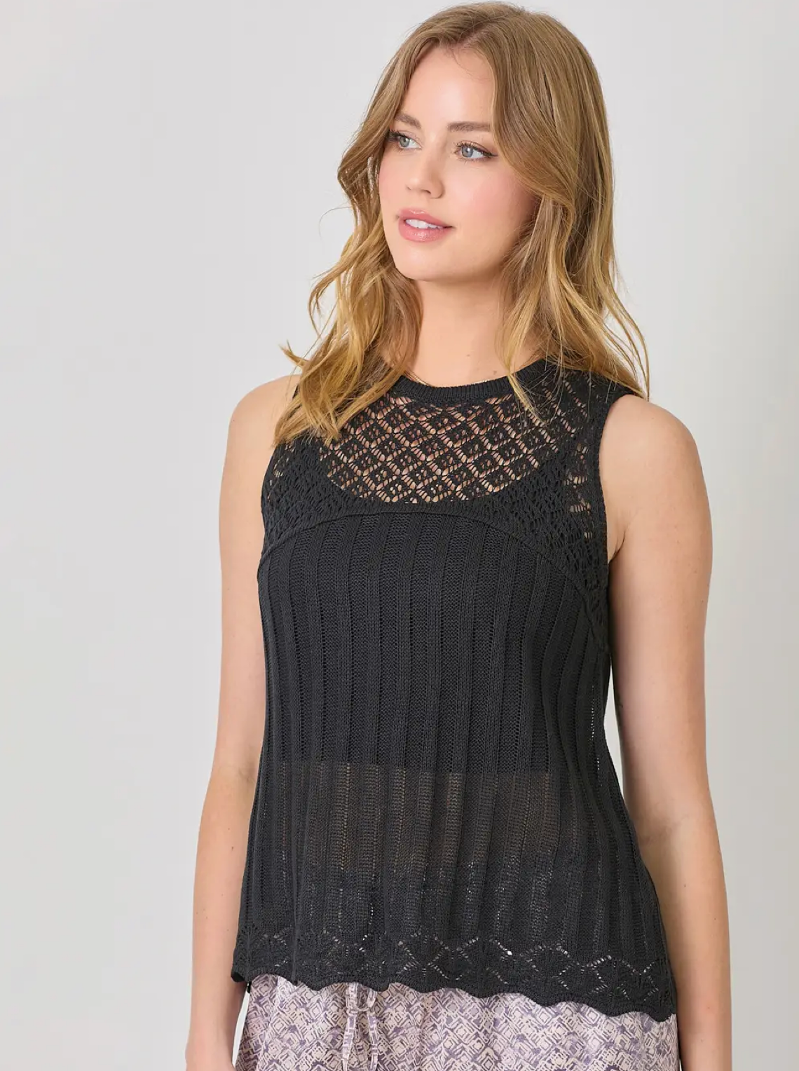Crochet Yoke Sleeveless Sweater Top - Black