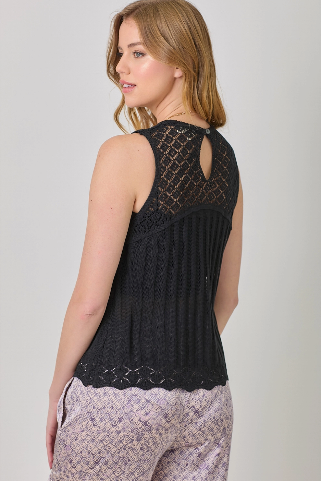 Crochet Yoke Sleeveless Sweater Top - Black