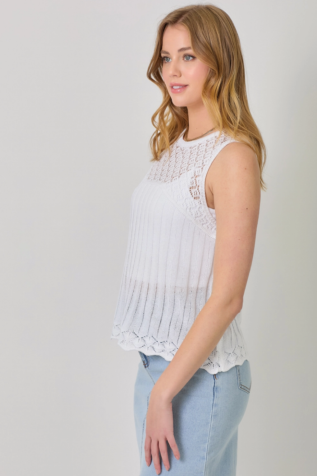 Crochet Yoke Sleeveless Sweater Top - White