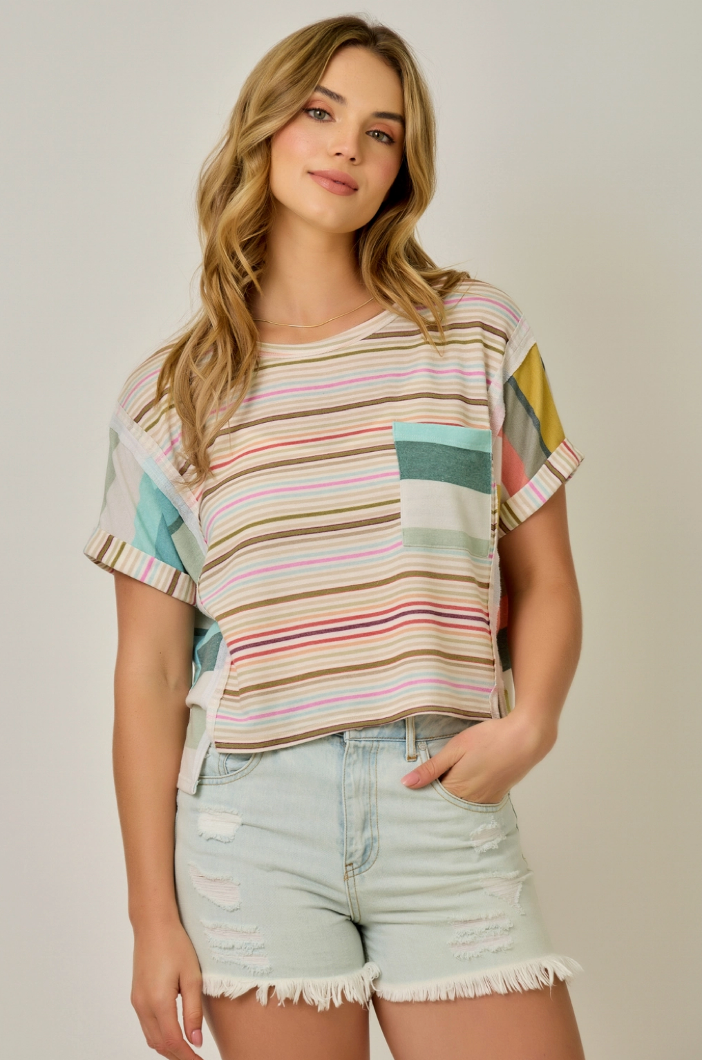 French Terry Mixed Stripe Knit Top