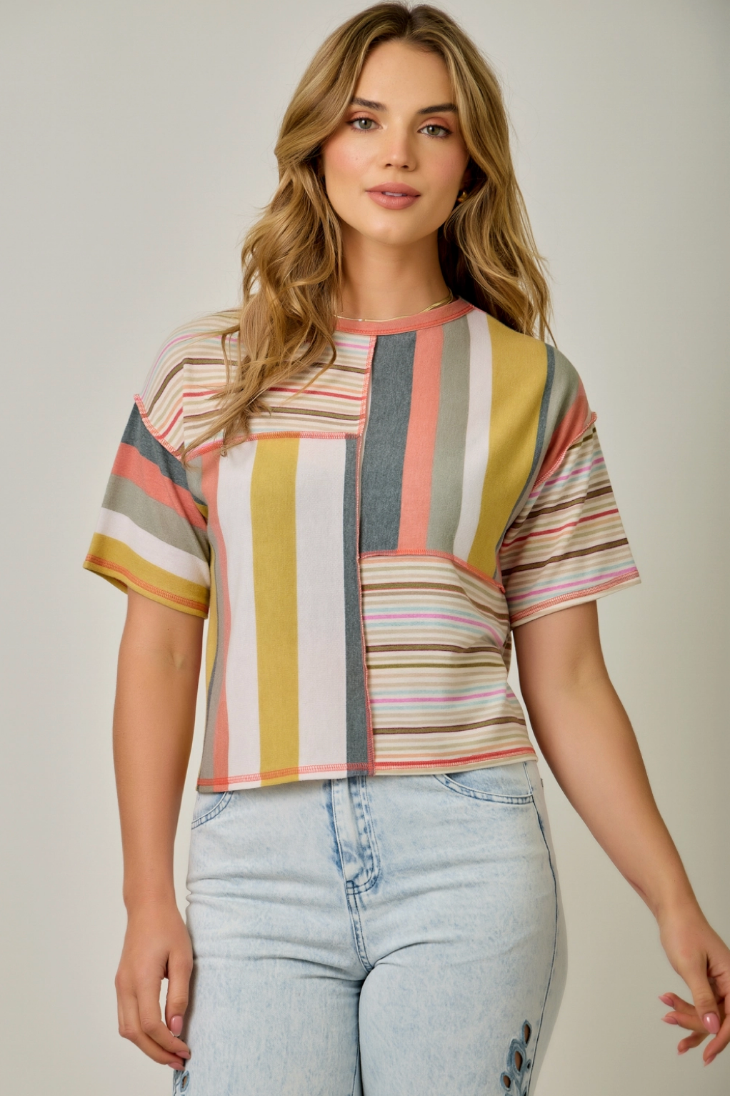 Relaxed Shoulder Mixed Stripe Tee