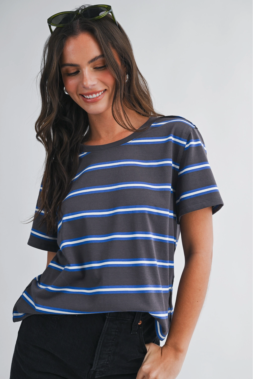 Striped Boxy Short Sleeve Tee -  Charcoal