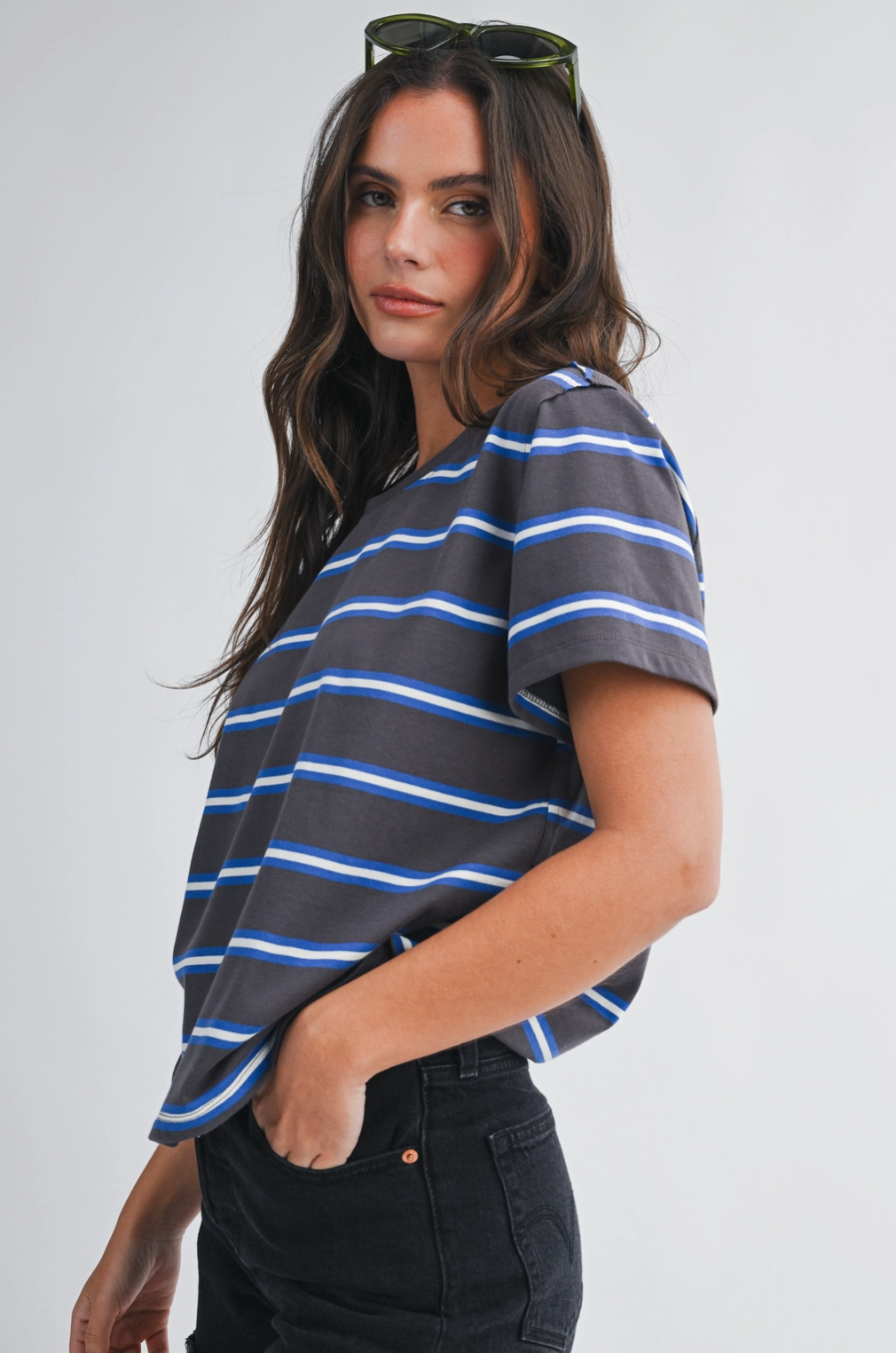 Striped Boxy Short Sleeve Tee -  Charcoal