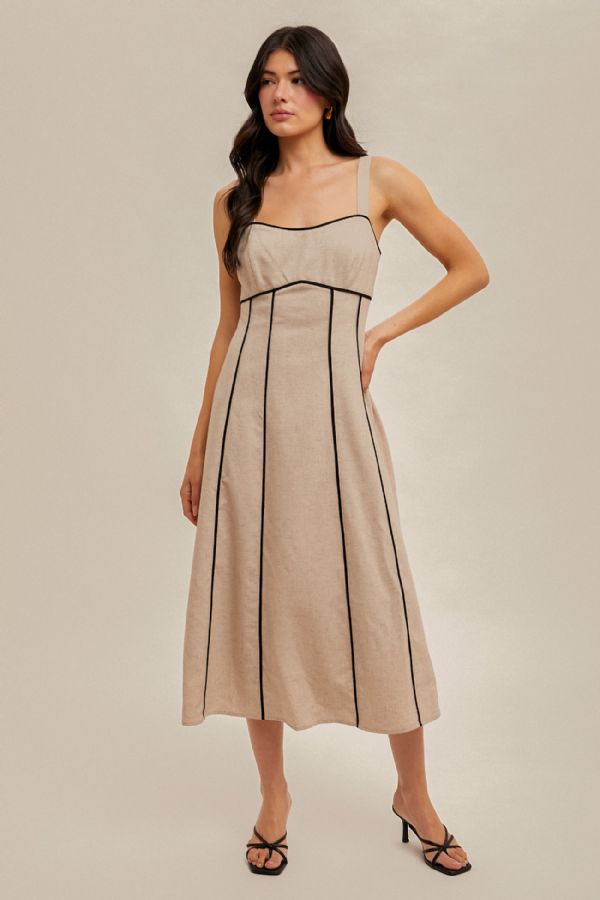 Contrast Binding Detail Linen Midi Dress