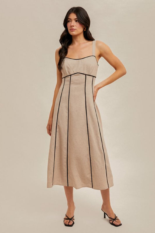 Contrast Binding Detail Linen Midi Dress