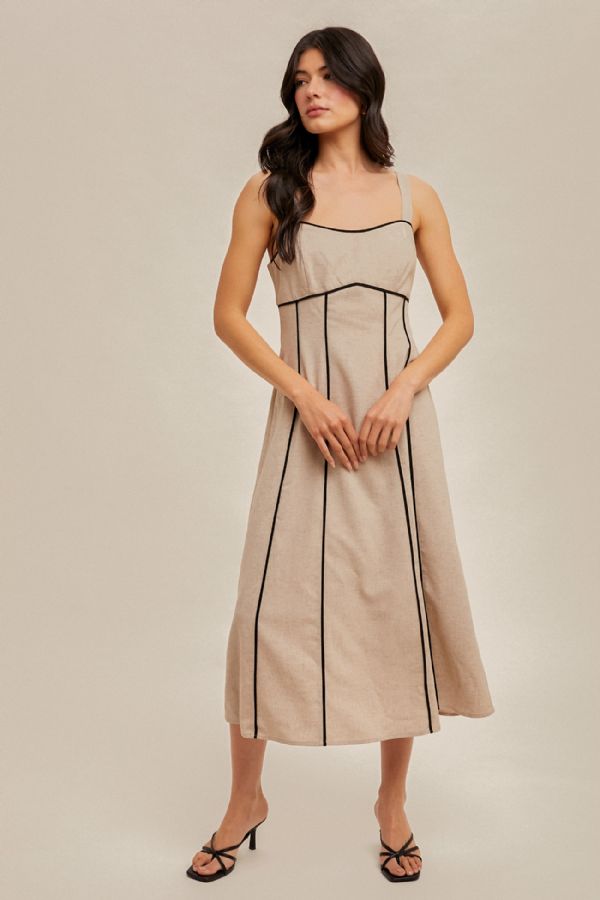 Contrast Binding Detail Linen Midi Dress