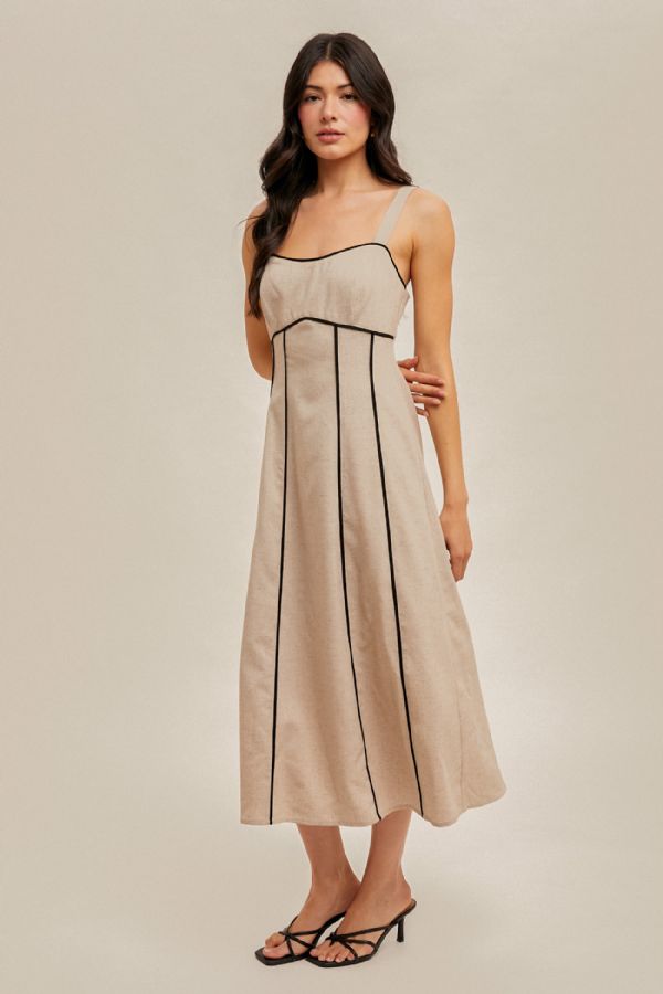 Contrast Binding Detail Linen Midi Dress