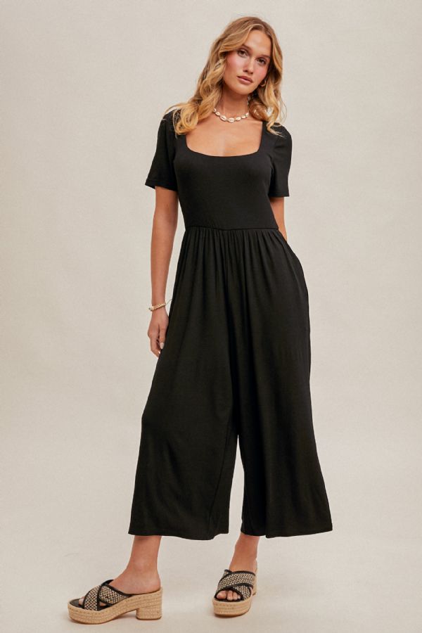 Square Neck Short Sleeve Knit Jumpsuit