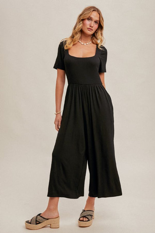 Square Neck Short Sleeve Knit Jumpsuit