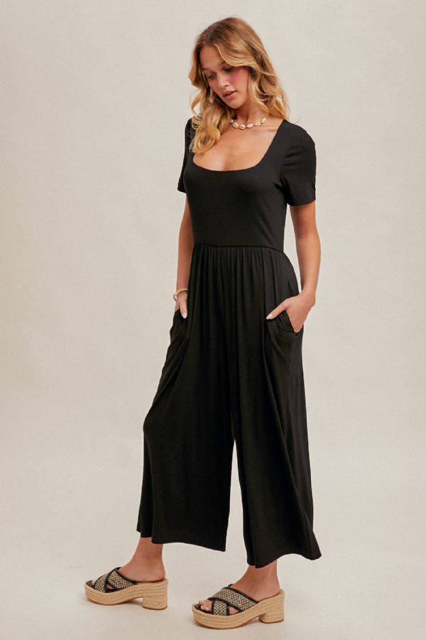 Square Neck Short Sleeve Knit Jumpsuit