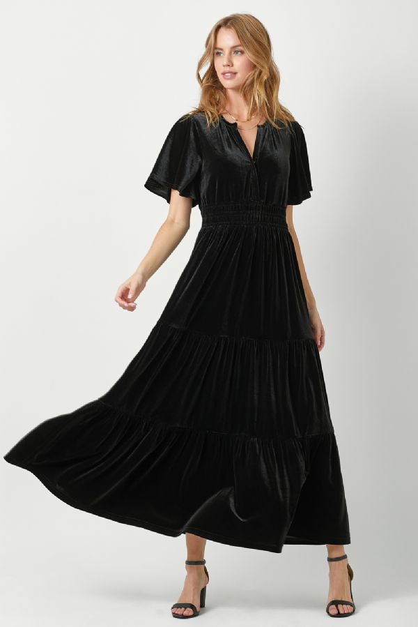 Ruffle Sleeve Velvet Maxi Dress