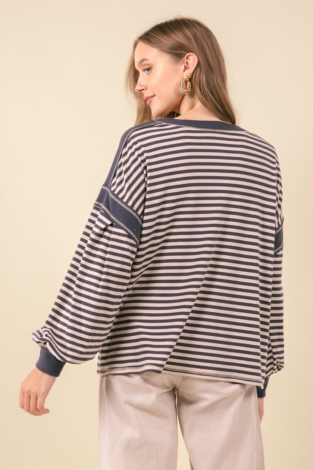 Drop Shoulder Puff Striped Oversized Top