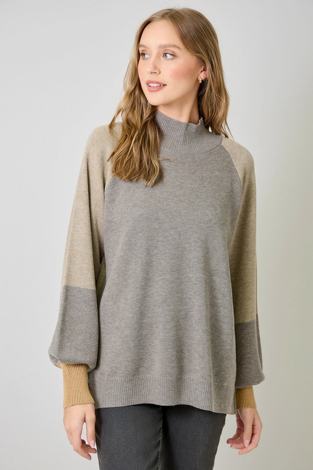 Mock Neck Color Blocked Sweater - Brown