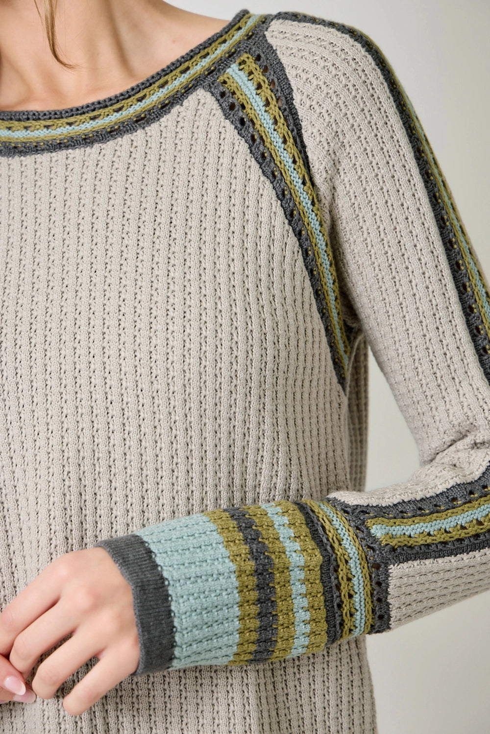 Raglan Sleeve Trim Detail Sweater Top - Stone