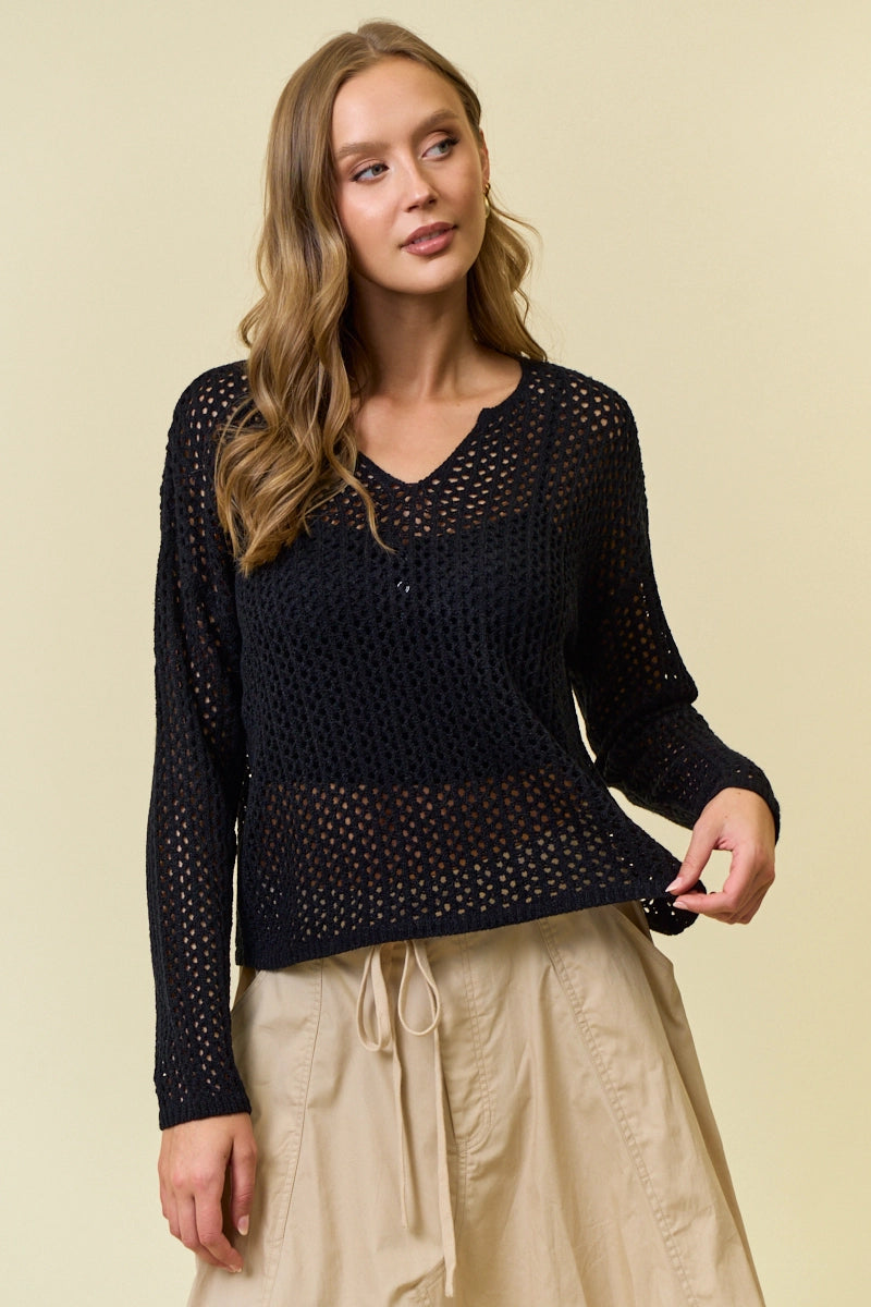Split V-Neck Long Sleeve Knit Sweater - Black