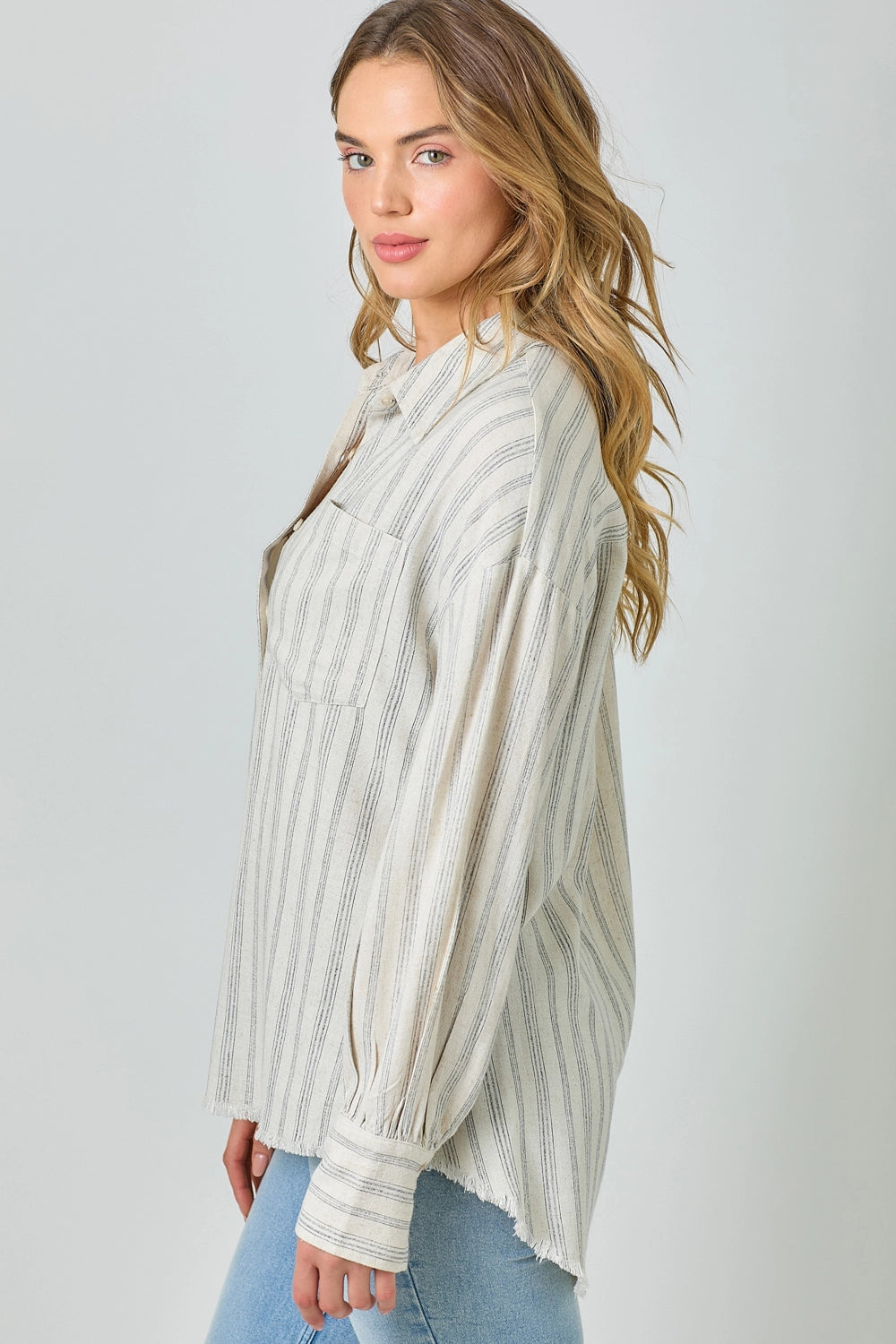 Frayed Fringe Edge Oversized Button Up Shirt