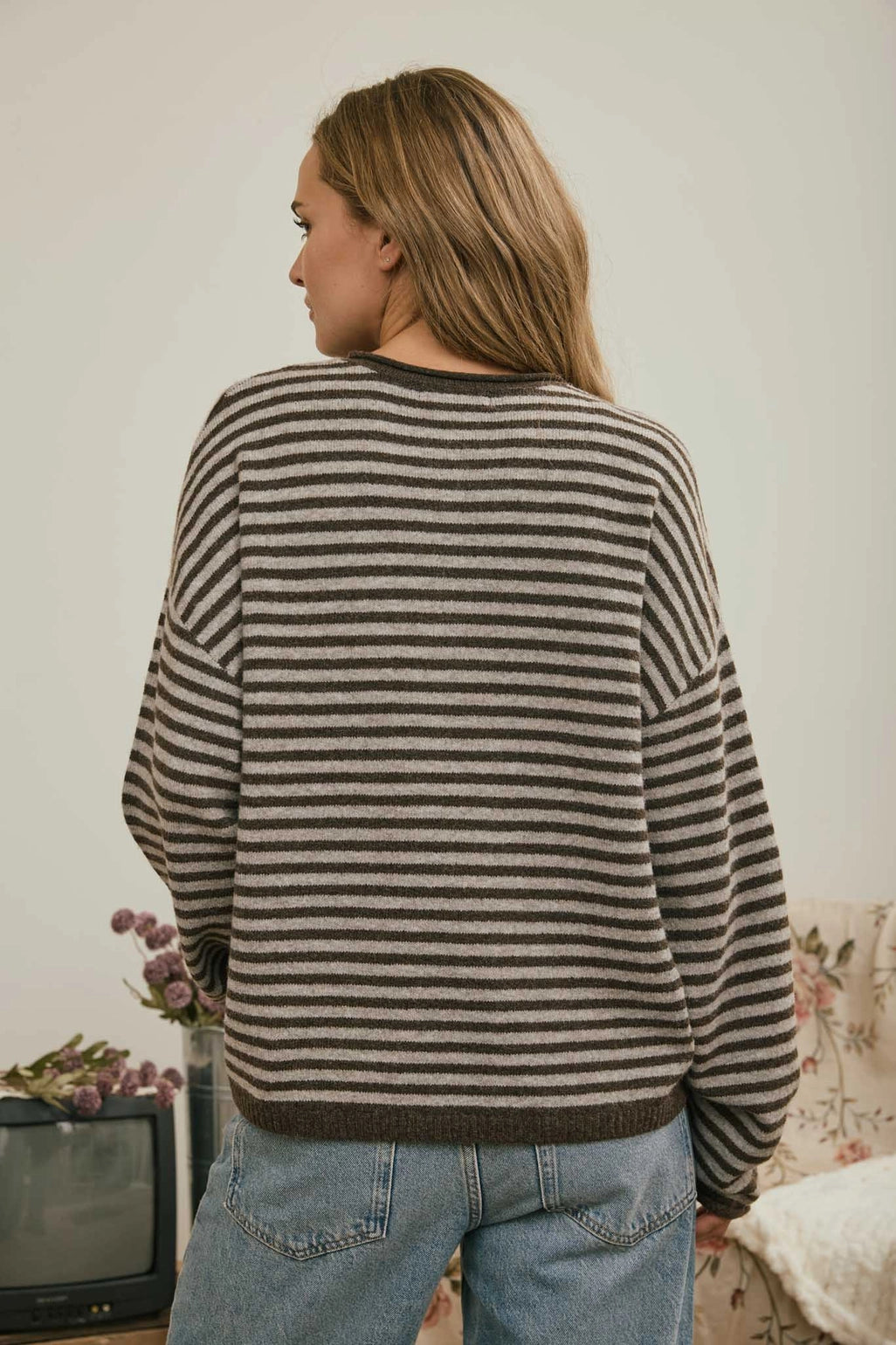 Button Henley Stripe Long Sleeve Sweater - Deep Brown