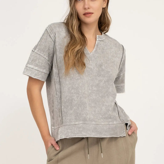 Washed Split Neck Patchwork Short Sleeve