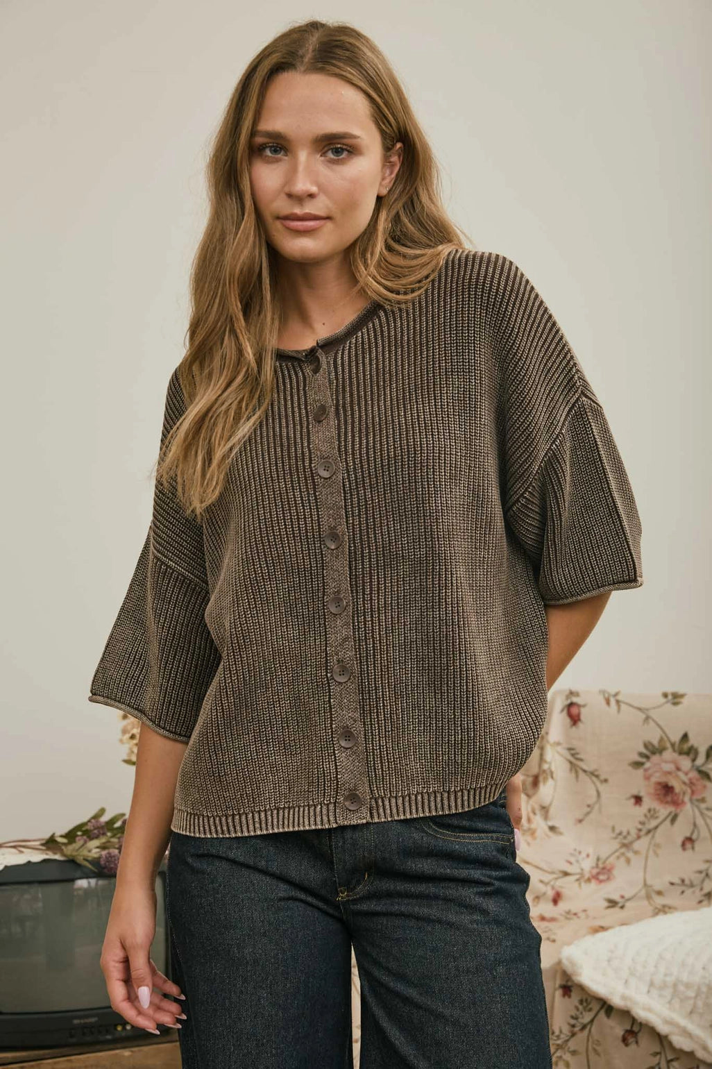 Washed Ribbed Short Sleeve Cardigan - Brown