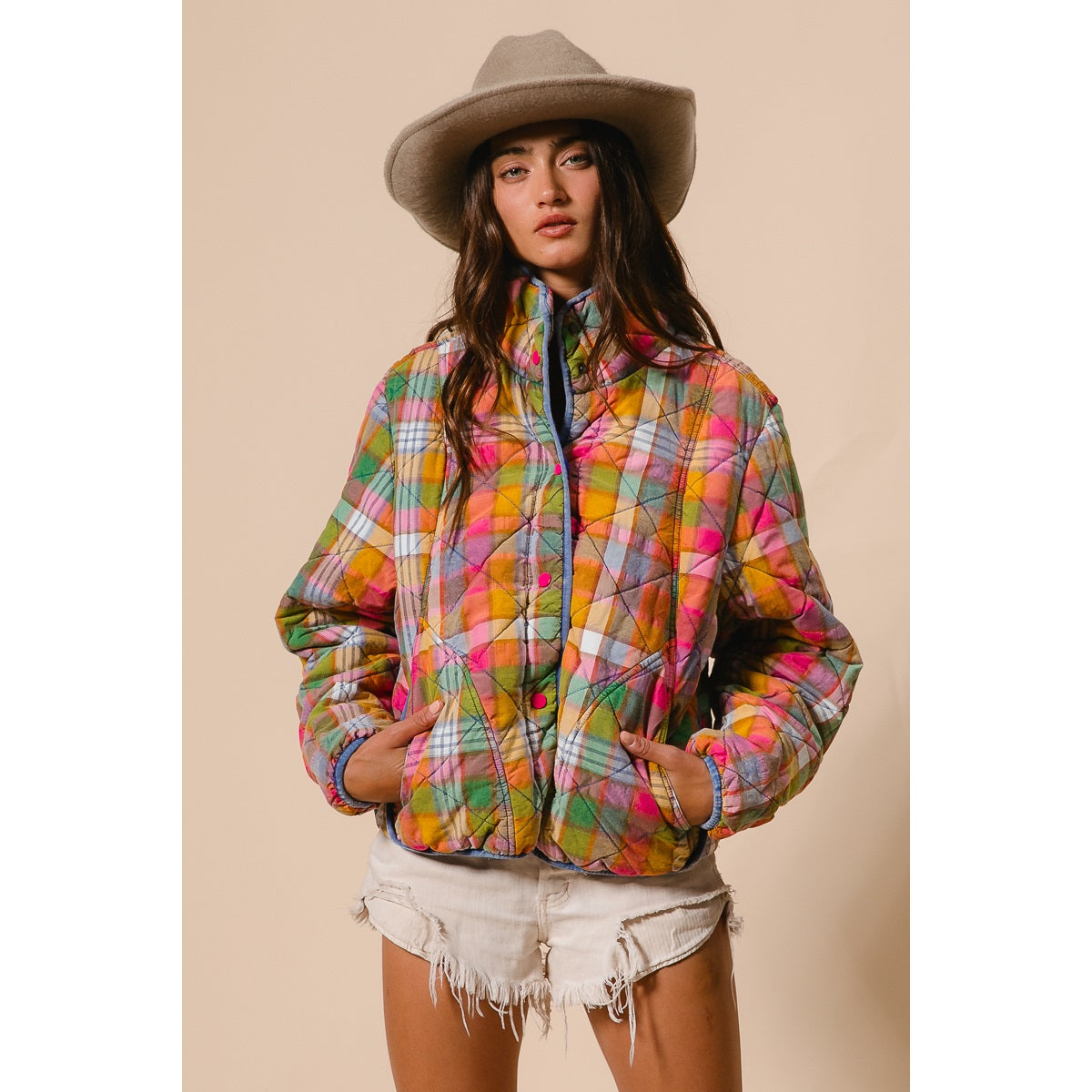 Vintage Plaid Quilted Jacket with Pockets