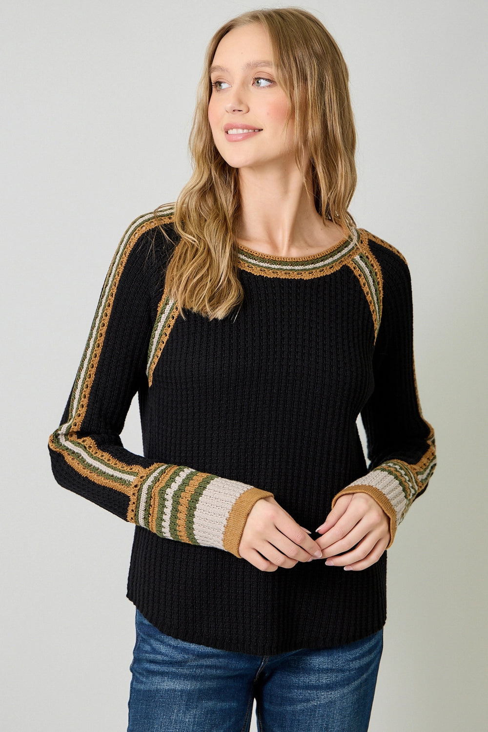 Raglan Sleeve Trim Detail Sweater Top - Black