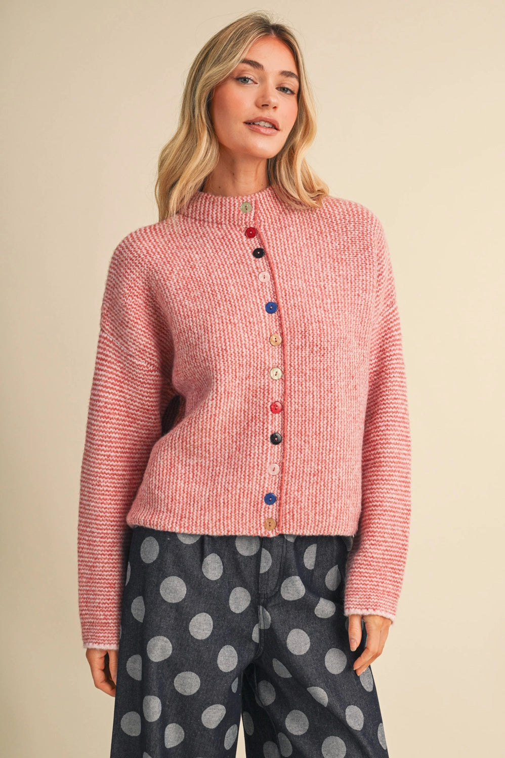 Striped Sweater Cardigan with Colorful Buttons - Pink