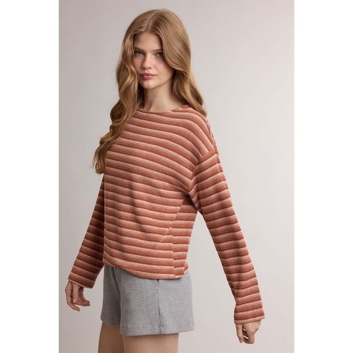 Gradient Stripe Rib Knit Long Sleeve Top